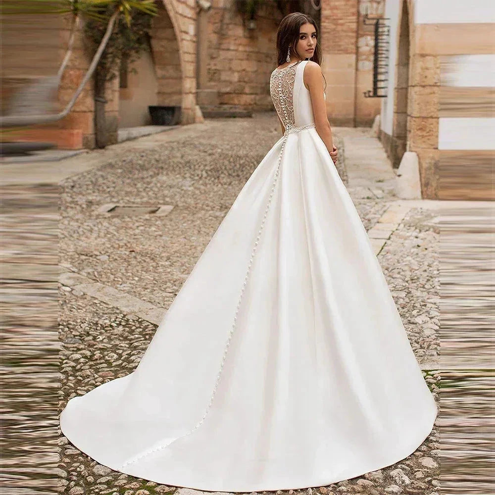 Satin Princess Wedding Dresses Scoop Neck Pockets Bride Gowns Buttons Country White Robe Plus Size 2023 Vestidos De Novia платье by payinti