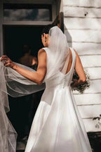 Satin A-Line Square Neck White Modest Wedding Dress WD737 by pgmdress