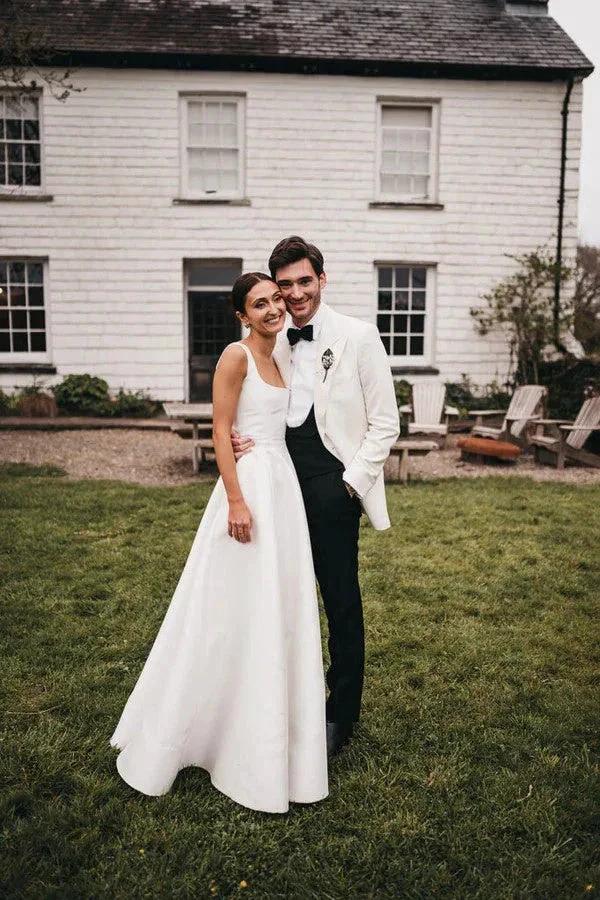 Satin A-Line Square Neck White Modest Wedding Dress WD737 by pgmdress