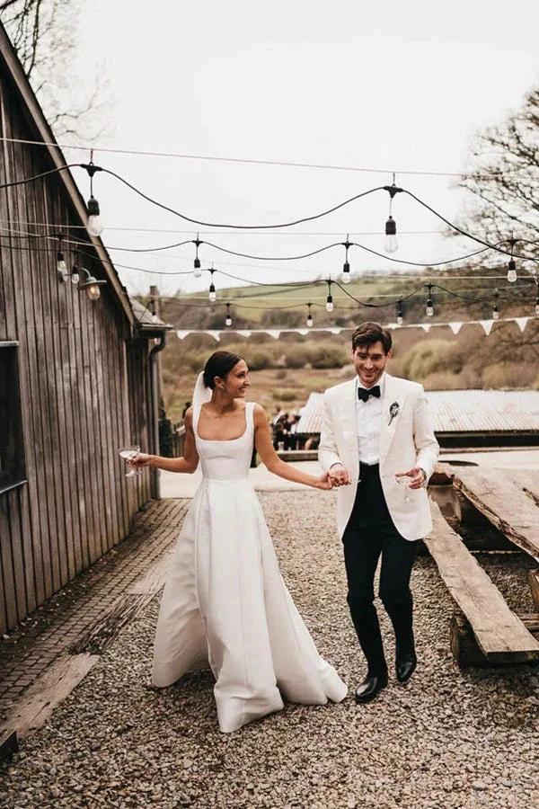 Satin A-Line Square Neck White Modest Wedding Dress WD737 by pgmdress
