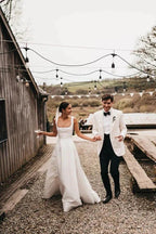 Satin A-Line Square Neck White Modest Wedding Dress WD737 by pgmdress