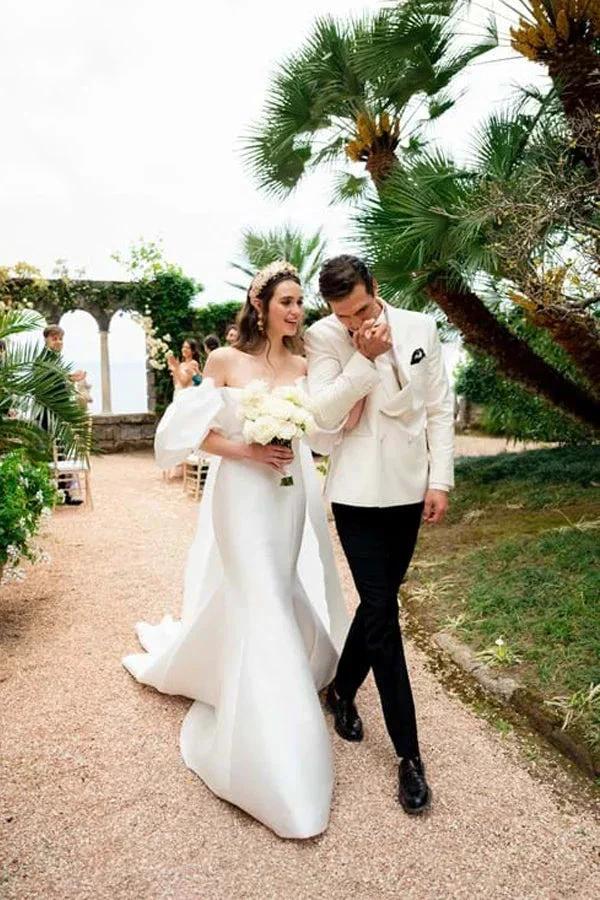Satin Mermaid Off Shoulder Puff Sleeves Wedding Dress WD754 by pgmdress