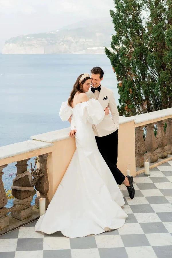 Satin Mermaid Off Shoulder Puff Sleeves Wedding Dress WD754 by pgmdress