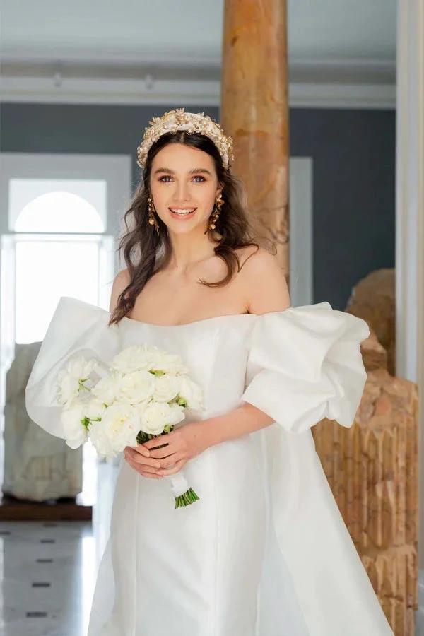Satin Mermaid Off Shoulder Puff Sleeves Wedding Dress WD754 by pgmdress