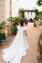 Satin Mermaid Off Shoulder Puff Sleeves Wedding Dress WD754 by pgmdress