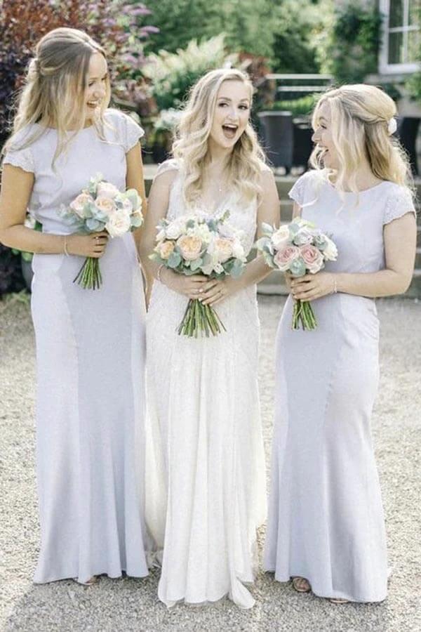 Satin Sheath Bateau Neck Cap Sleeves Lace Bridesmaid Dresses BD114 by pgmdress