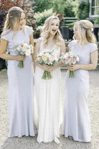 Satin Sheath Bateau Neck Cap Sleeves Lace Bridesmaid Dresses BD114 by pgmdress