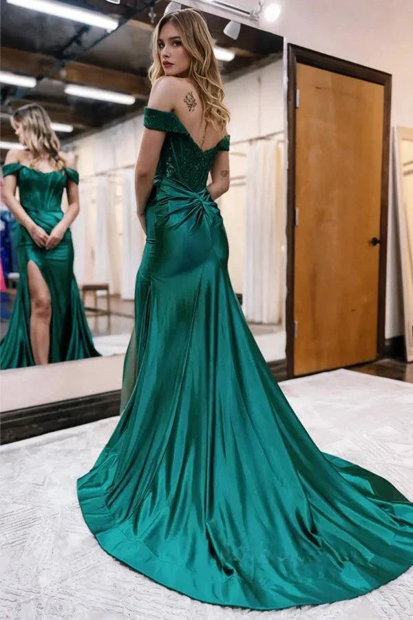 Satin Lace Mermaid Off Shoulder Long Prom Dress PSK375 by pgmdress