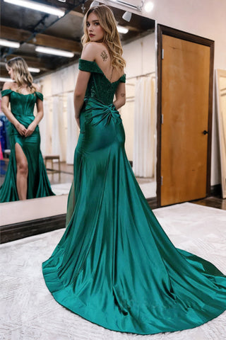 Vestido de fiesta largo de sirena con encaje satinado y hombros descubiertos PSK375