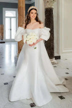 Satin Mermaid Off Shoulder Puff Sleeves Wedding Dress WD754 by pgmdress