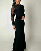 Saudi Arabia Black Women Evening Gowns Beads Floor Length Prom Dresses Long Sleeves Formal Wedding Cocktail Party Dress by Sunnderly