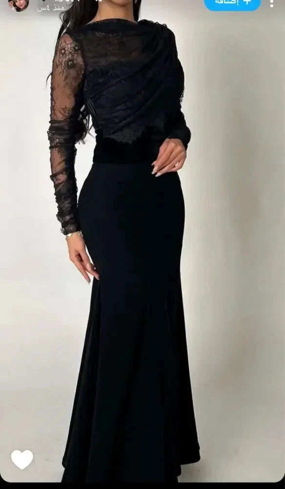 Saudi Arabia Black Women Evening Gowns Beads Floor Length Prom Dresses Long Sleeves Formal Wedding Cocktail Party Dress by Sunnderly
