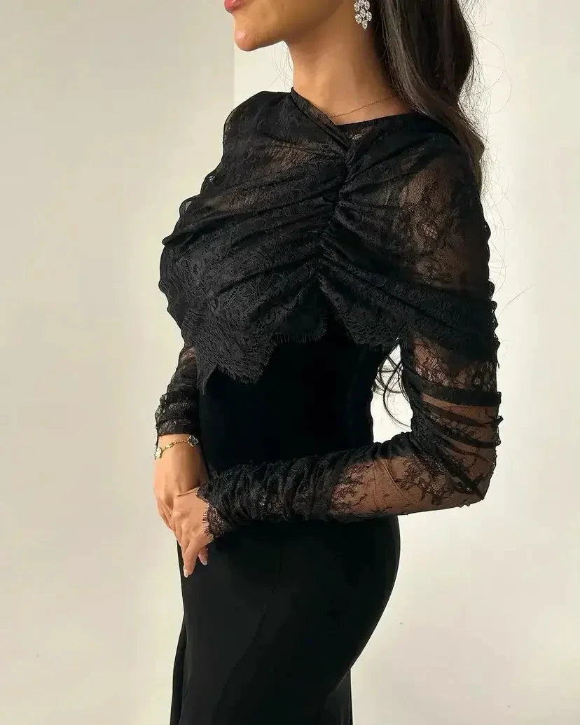 Saudi Arabia Black Women Evening Gowns Beads Floor Length Prom Dresses Long Sleeves Formal Wedding Cocktail Party Dress by Sunnderly