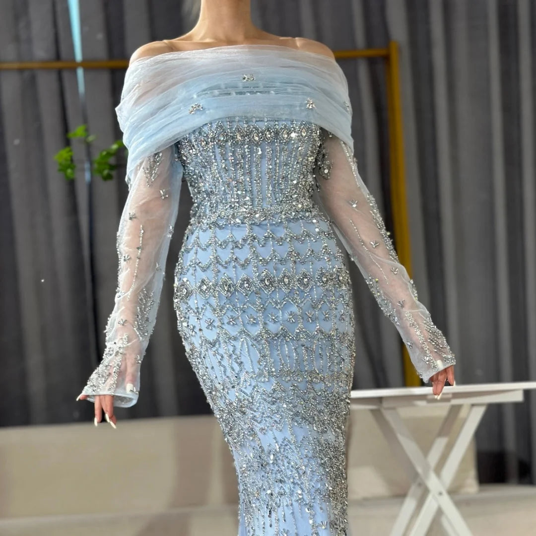 Zapdress Blue Mermaid Beaded Evening Dresses with Detachable Sleeves Elegant Party Gowns for Women DLA72714 Customized (ZD17361)