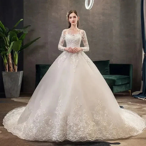 Full Sleeve Lace Long Train Wedding Dresses Illusion Long Appliques Lace Embroidery Vestido De Noiva Vestidos De Novia