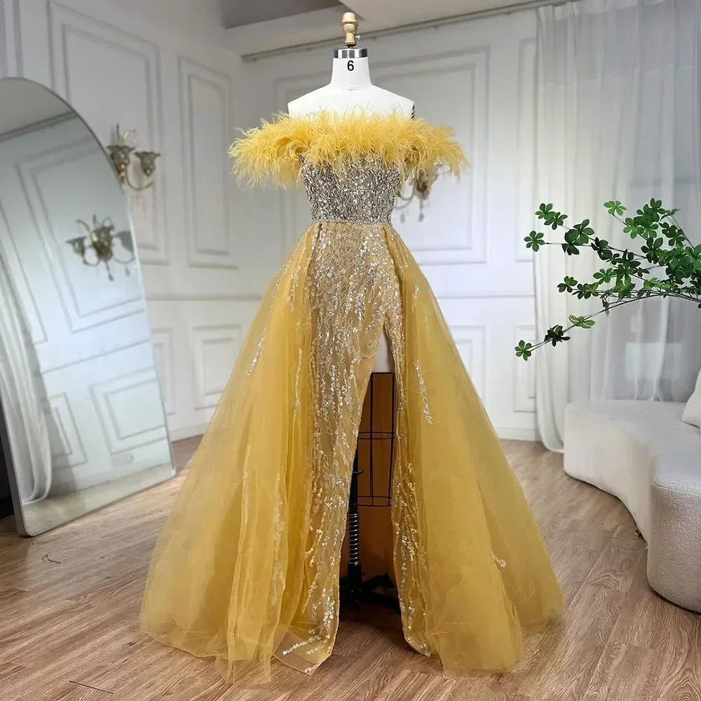 Serene Hill Yellow Feathers Beaded Mermaid Evening Dresses with Overskirt Side Slit Party Gowns for Women DLA72061 Customized