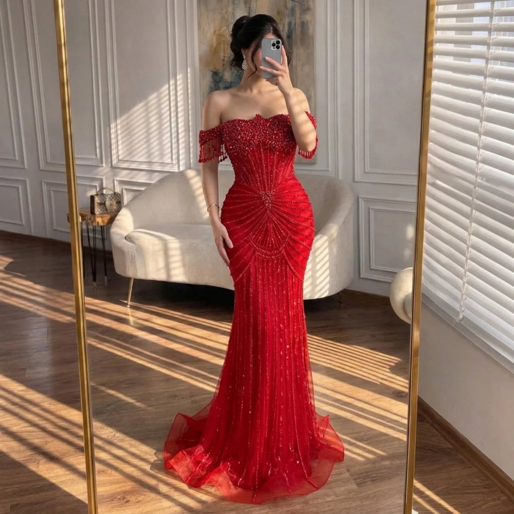 Serene Hill Red Mermaid Beaded Pearl Off-Shoulder Evening Gown 2026 High End Couture Party Dress for Women Customized DLA73148A