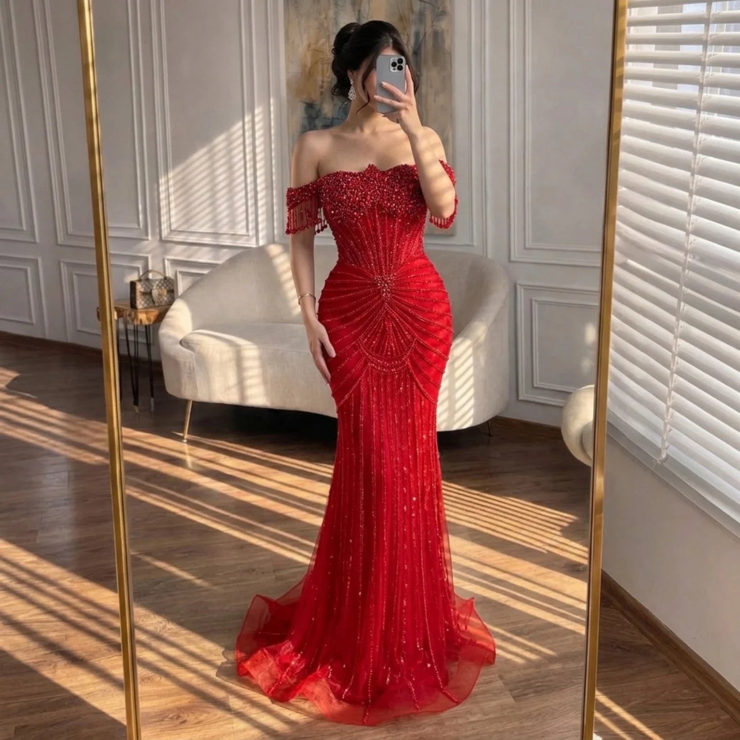 Serene Hill Red Mermaid Beaded Pearl Off-Shoulder Evening Gown 2026 High End Couture Party Dress for Women Customized DLA73148A