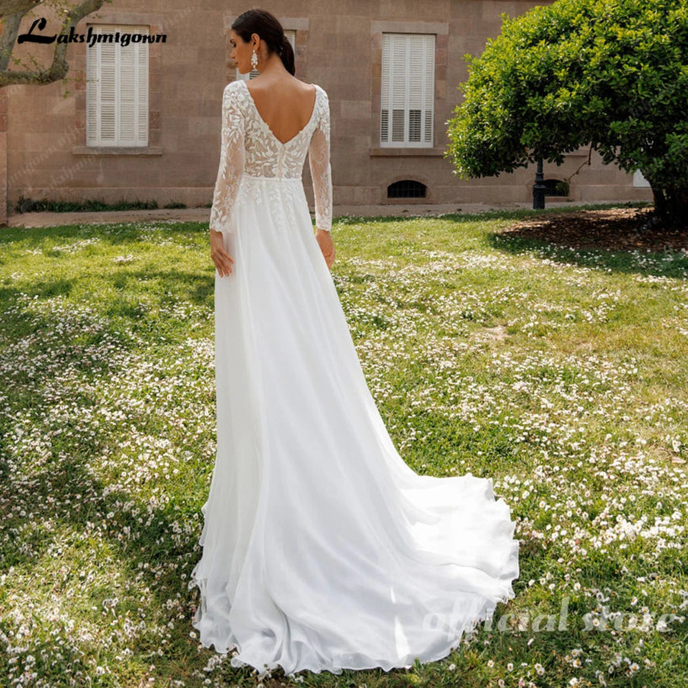 ZapDress Lace V-Neck Chiffon Wedding Dress for Women A-Line Sweep Train Backless Vestidos De Novia  Customized