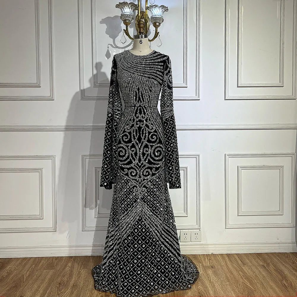 Serene Hill 2025 Flared Sleeves Caramel Beaded Dubai Mermaid Evening Dresses Gowns for Party DLA72771 Customized