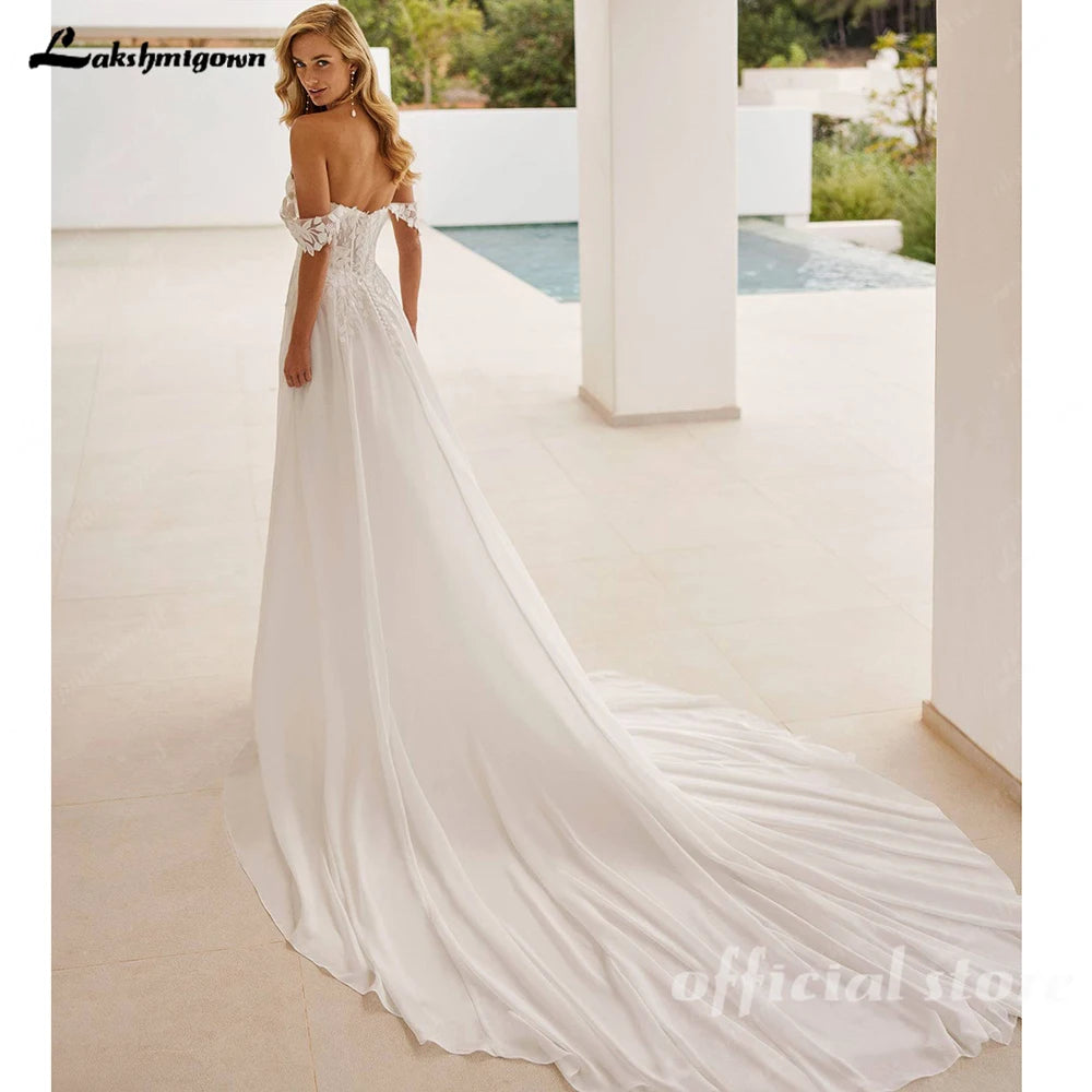 ZapDress Boho Beach Chiffon Wedding Dress For Woman Bride Slit Off the Shoulder A-line Vestido De Casamento Customized