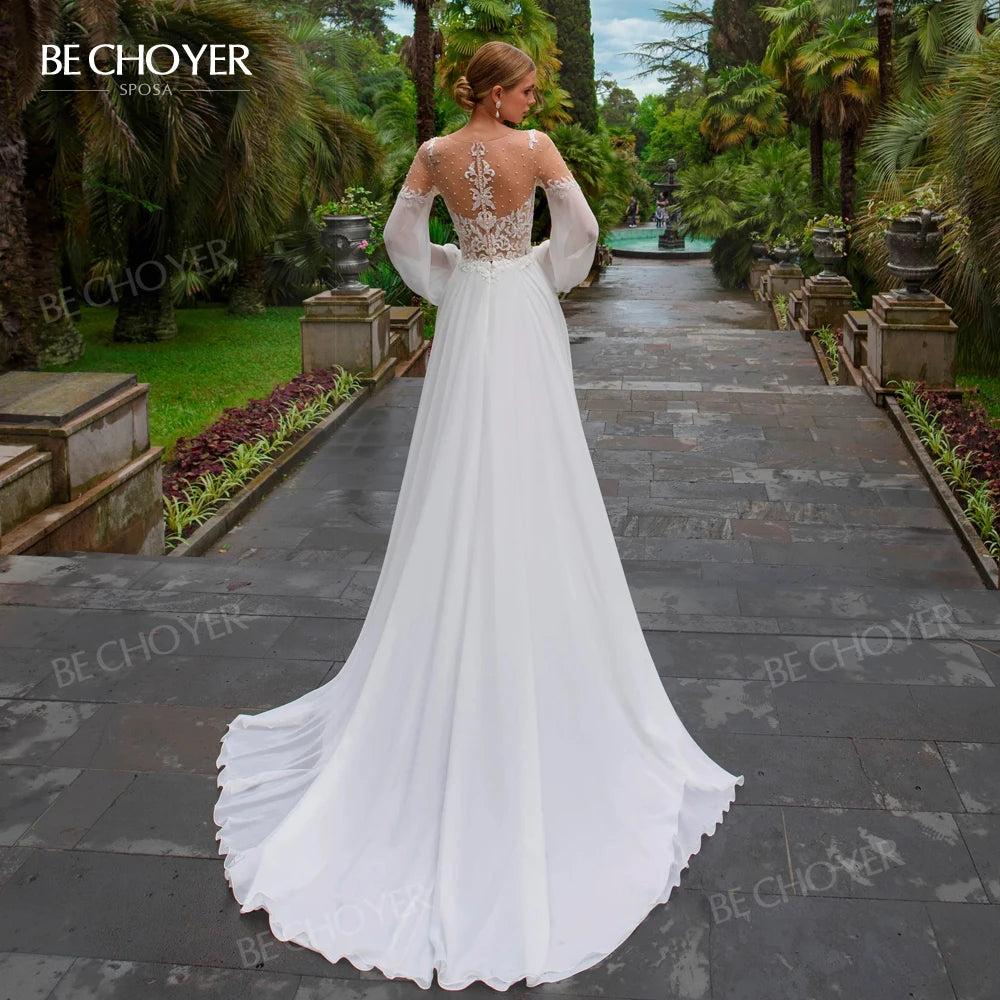 Wedding Dress Long Sleeve A-Line Appliques Beaded Bride Gown Beach Princess BECHOYER HB78 Plus Size Customized Vestido de Noiva