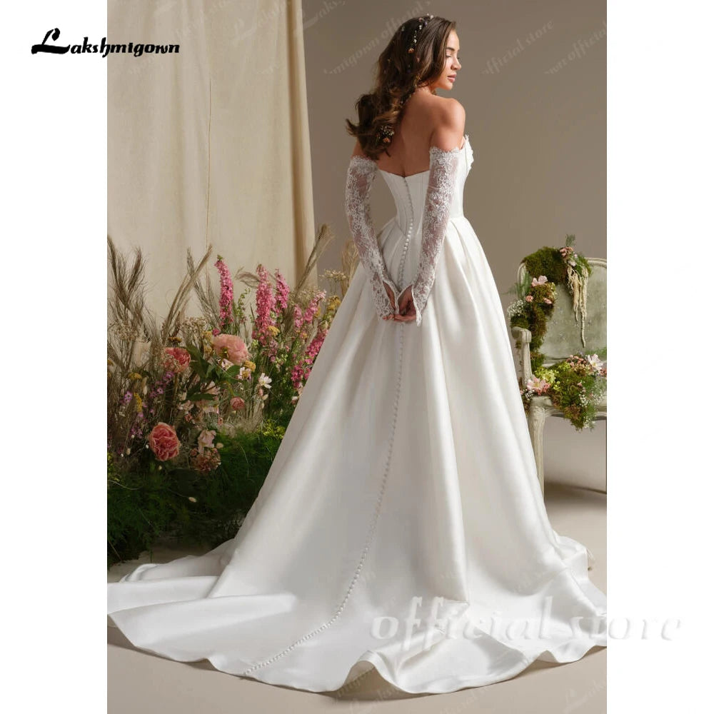 ZapDress A Line Satin Wedding Dress 2026 New Off the Shoulder Lace Long Sleeves Wedding Gown Corset Bridal Dress Customized