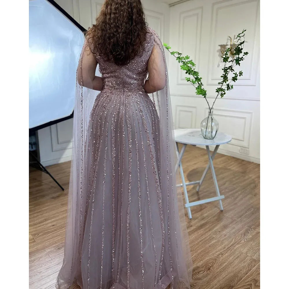 Zapdress Customized Pink A-Line Cape Sleeves Luxury Beaded Evening Dresses Party Gowns 2025 For Women Wedding (ZD17346)