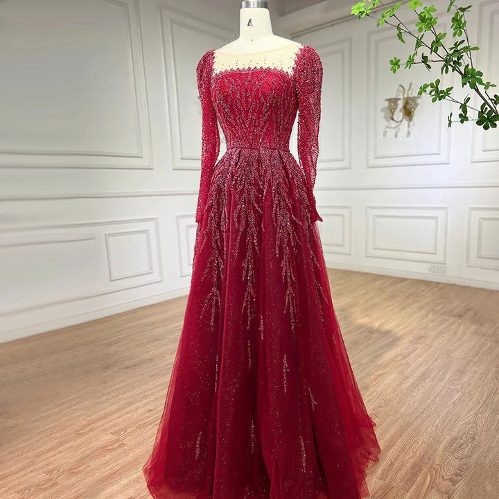 Serene Hill Customized Pink Long Sleeves A Line Beaded Dubai Evening Dresses Party Gowns 2025 For Women Wedding DLA71915