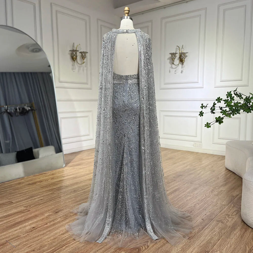 Zapdress Customized 2026 Gray Arabic Mermaid Beaded Evening Dresses With Detachable Long Cape For Formal Occasion (ZD17340)