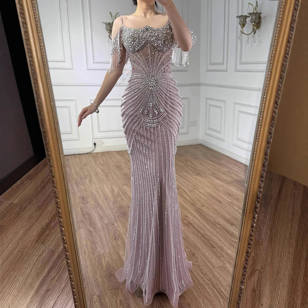 Zapdress 2025 Customized Pink Off Shoulder Mermaid Evening Dress Luxury Beaded Party Gowns for Women (ZD17359)