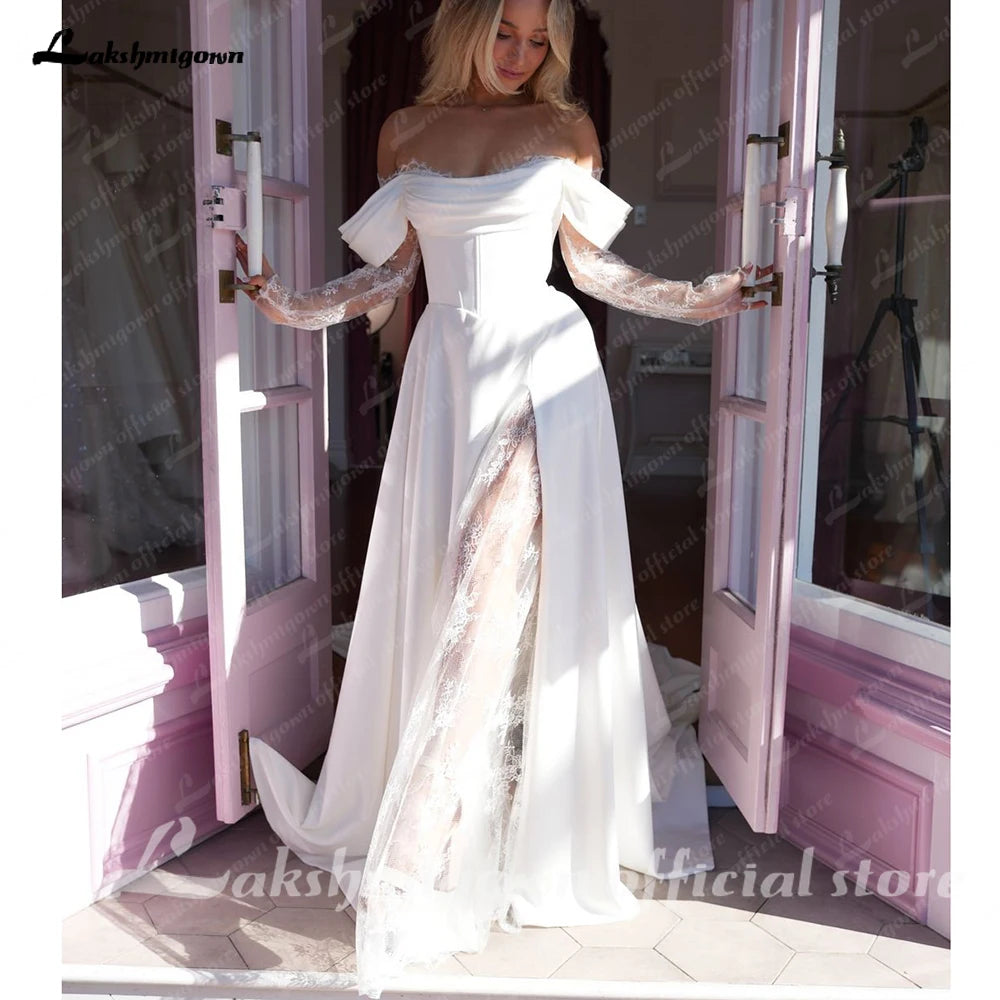 ZapDress Off The Shoulder Pleat Satin Wedding Dresses Customized Long Sleeves A-Line Bridal Gowns Sweep Train Bridal Dresses