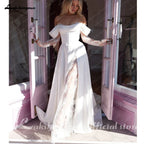 ZapDress Off The Shoulder Pleat Satin Wedding Dresses Customized Long Sleeves A-Line Bridal Gowns Sweep Train Bridal Dresses