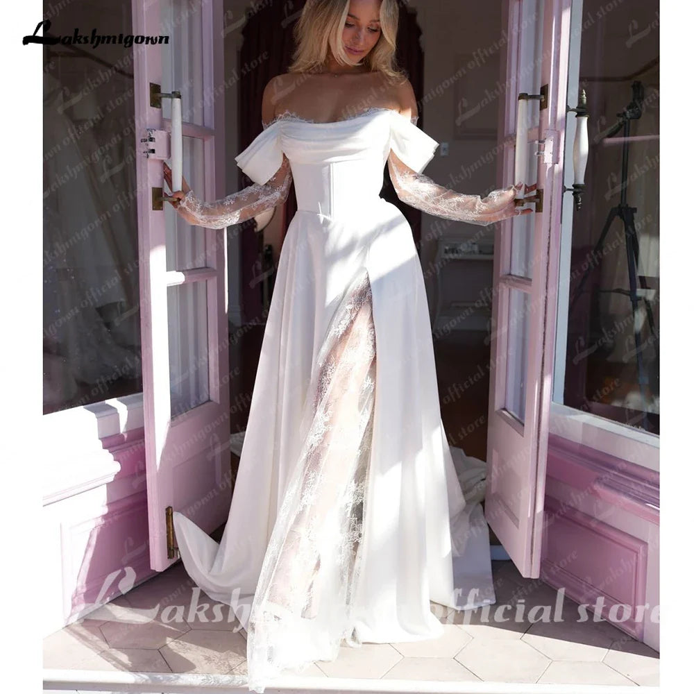 Customized Off Shoulder Satin A Line Wedding Dress With Sweep Train