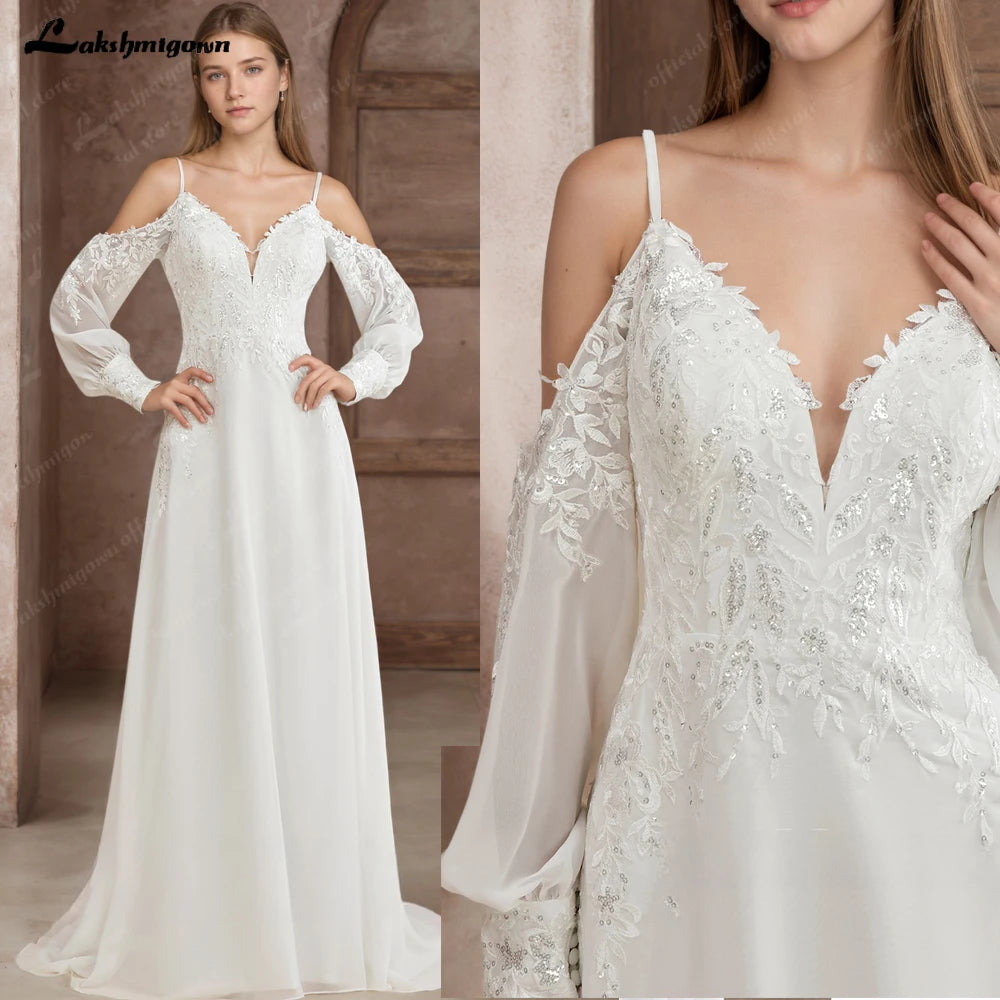 ZapDress Illusion Off White Wedding Dress Off Shoulder Long Sleeve Bridal Gown for Women Summer Vestido De Novia Customized