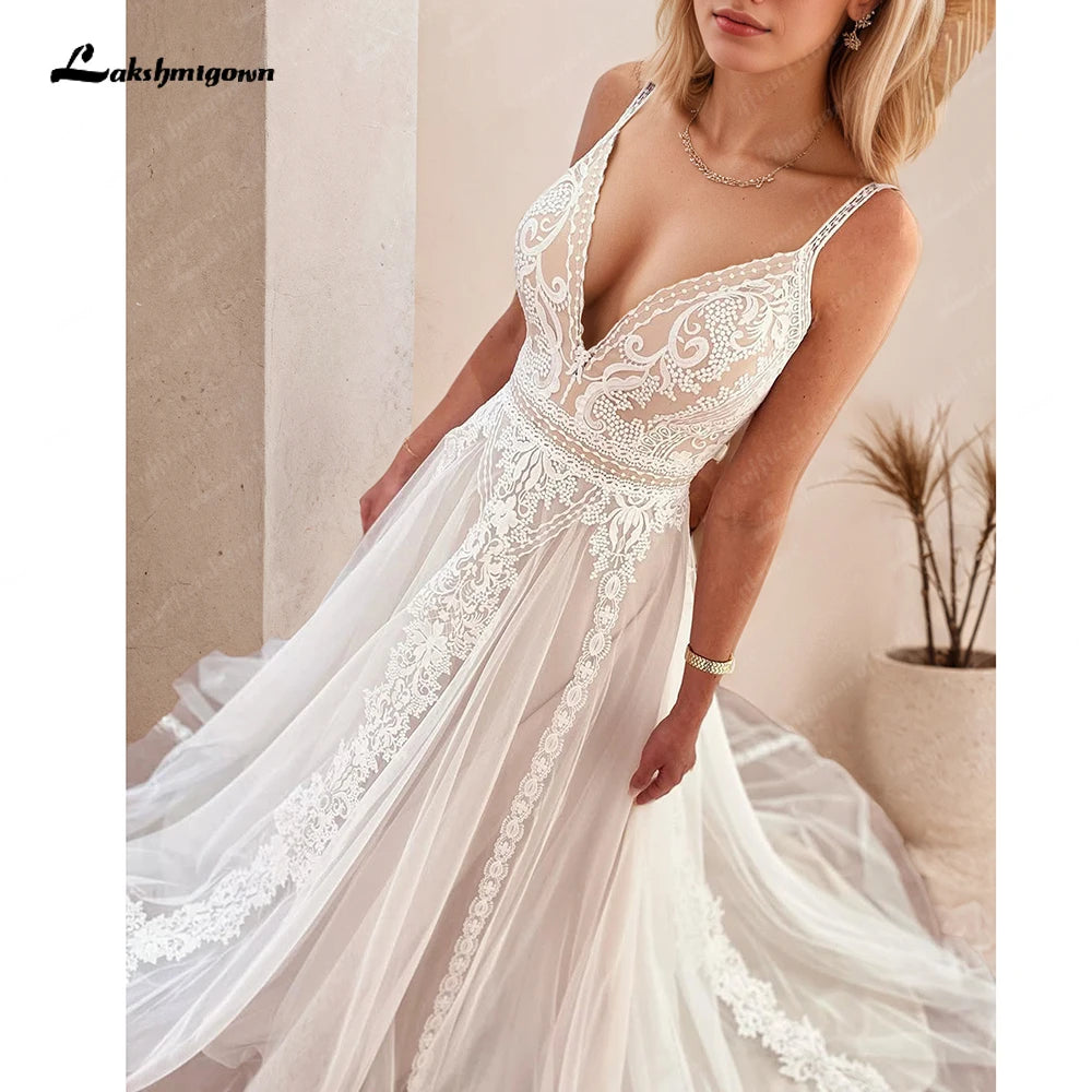 ZapDress Plunging V Bohemian Wedding Dress Customized Vestido Noiva Summer A Line Boho Wedding Gown V Neck Lace Open Back