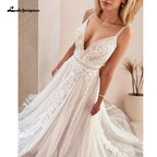 ZapDress Plunging V Bohemian Wedding Dress Customized Vestido Noiva Summer A Line Boho Wedding Gown V Neck Lace Open Back