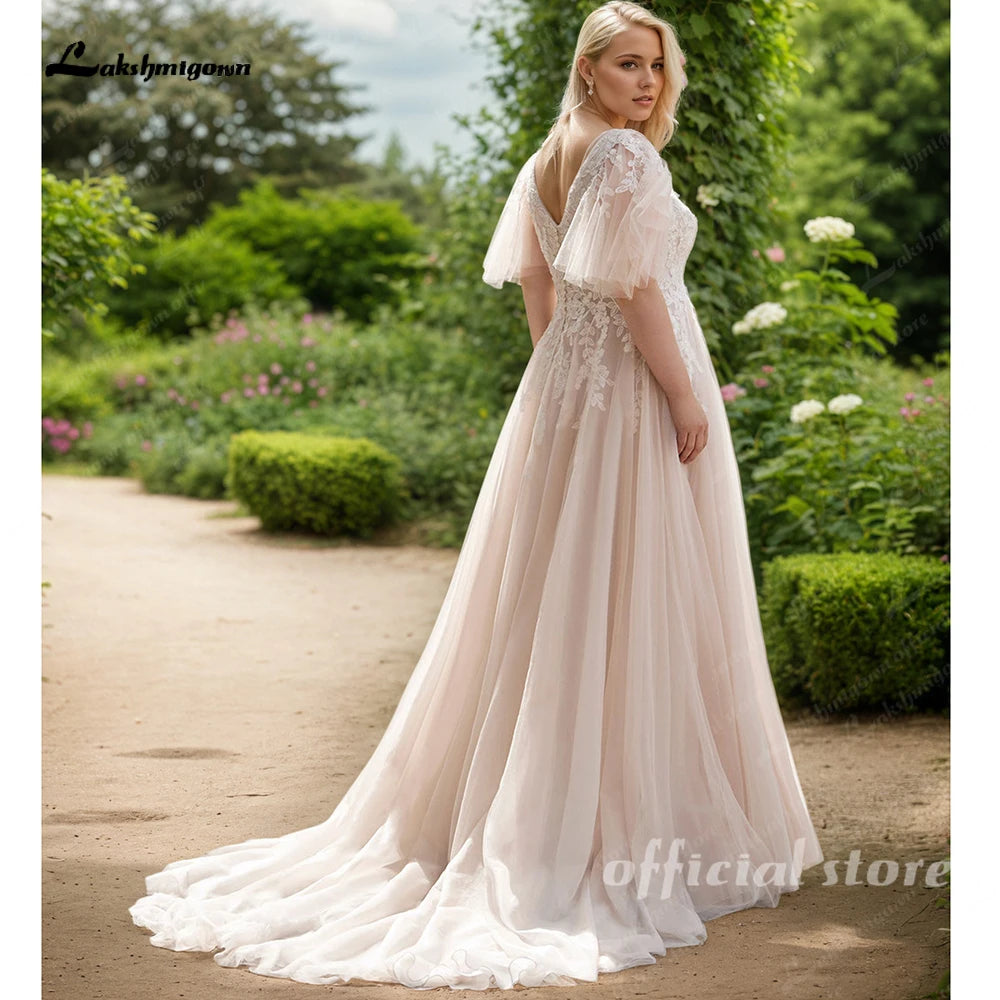 ZapDress Plus Size Wedding Dress New Women Applique Lace V-Neck Champagne A-Line Bride Gowns Robe De Mariée Customized