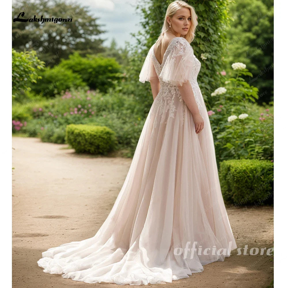 Lakshmigown Custom Plus Size Champagne Lace V Neck Wedding Gown