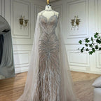 Serene Hill White Nude Mermaid Evening Dresses with Cape Beaded Feathers Party Gowns for Formal Occasion Customized DLA72882