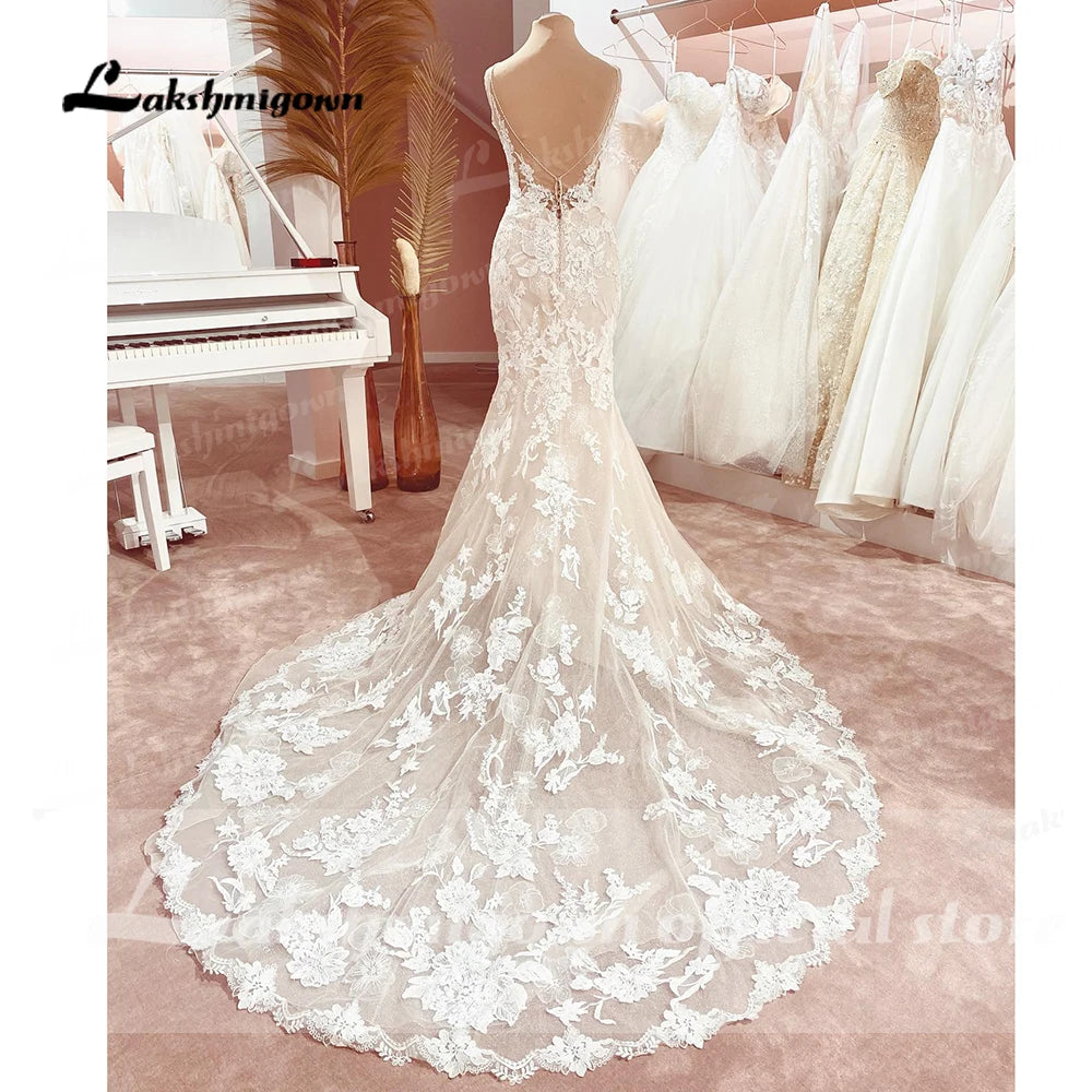 ZapDress Spaghetti Straps Floral Lace Mermaid Wedding Dress Vestido Novia V Neck Civil Bridal Boho Wedding Gowns Customized