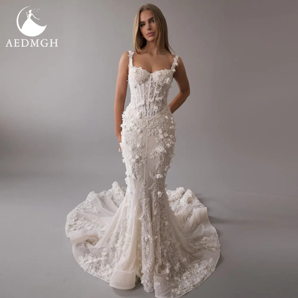 Aedmgh Mermaid Vintage Wedding Dresses Sweetheart Sleeveless Vestido De Novia Lace Beaded Flowers Sexy Custom Made Bridal Gown