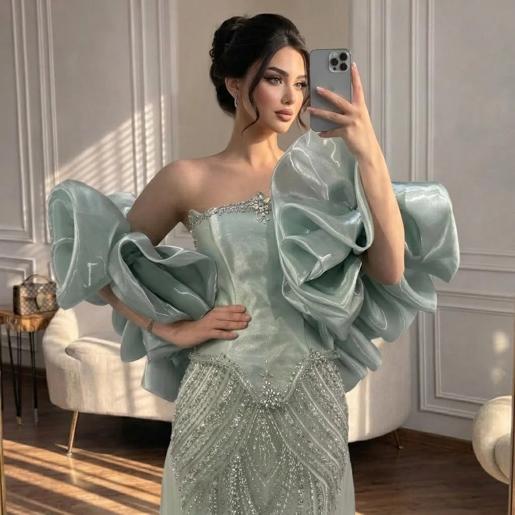 Zapdress Luxury Sage Green Mermaid Evening Dress with Cape 2026 Elegant Beaded Party Gowns for Women DLA73201 Customized (ZD17322)