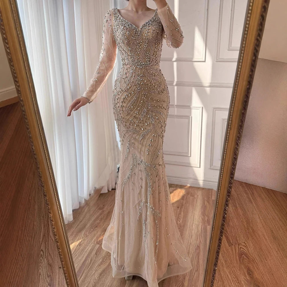 Serene Hill Pink V-neck Long Sleeves Mermaid Luxury Beaded Evening Dress 2026 Wedding Party Gowns DLA73191 Customized