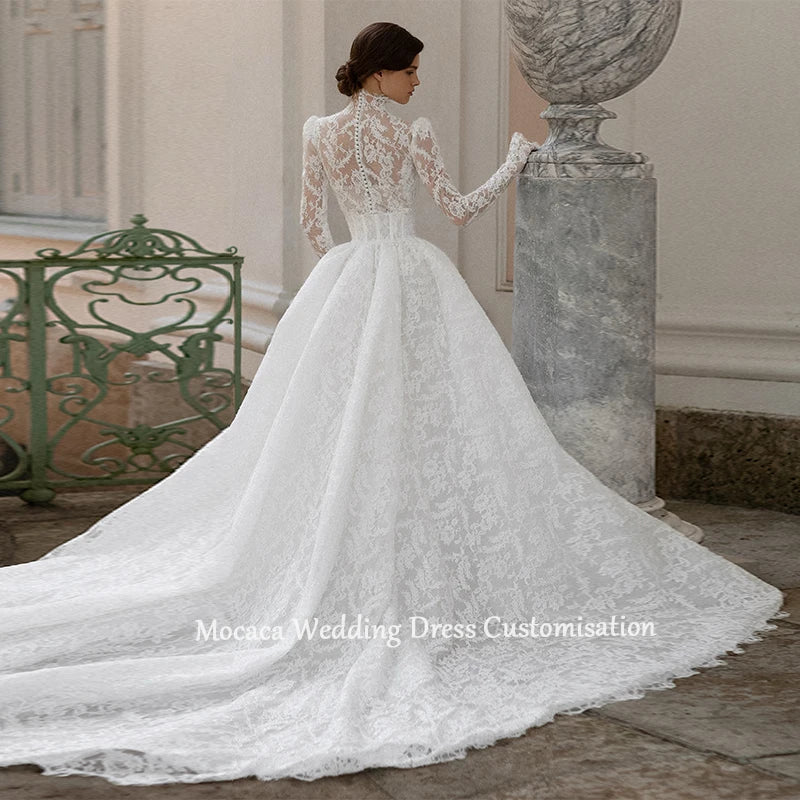 Mocaca Customized Luxury High Neck Lace Mermaid Wedding Dress Long Sleeve 2and1Detachable Train Bridal Gown Vestido De Novia