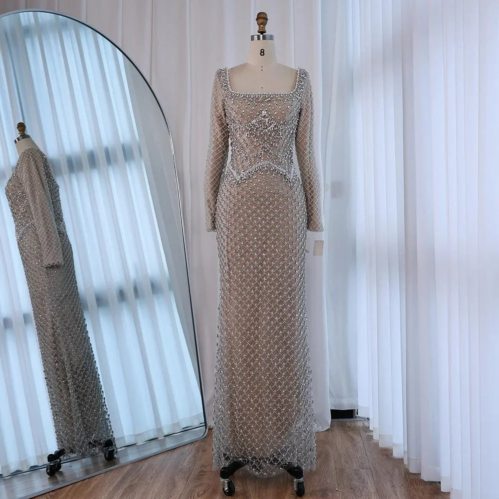 Elegant Beaded Pearl Mermaid Evening Dress with Long Sleeves for Wedding Occasion Zapdress 2025 Customized DLA72919A