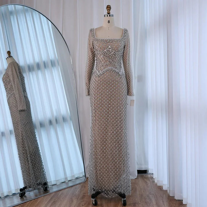 Elegant Beaded Pearl Mermaid Evening Dress with Long Sleeves for Wedding Occasion Zapdress 2025 Customized DLA72919A
