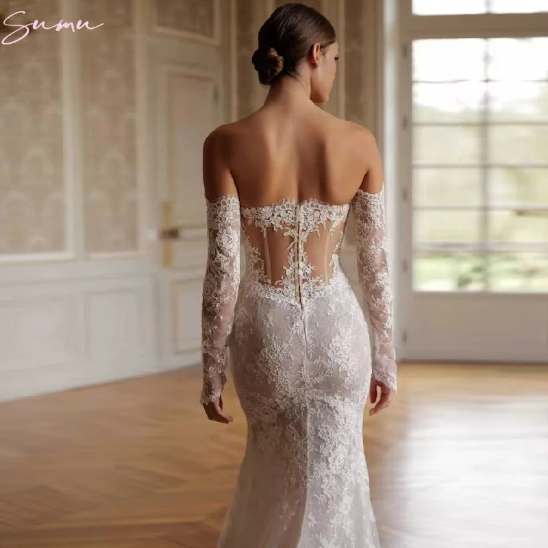 Long Sleeves Bridal Gowns Dress Customized Vintage Lace Mermaid Wedding Breathtaking Off Shoulder Vestido De Novia