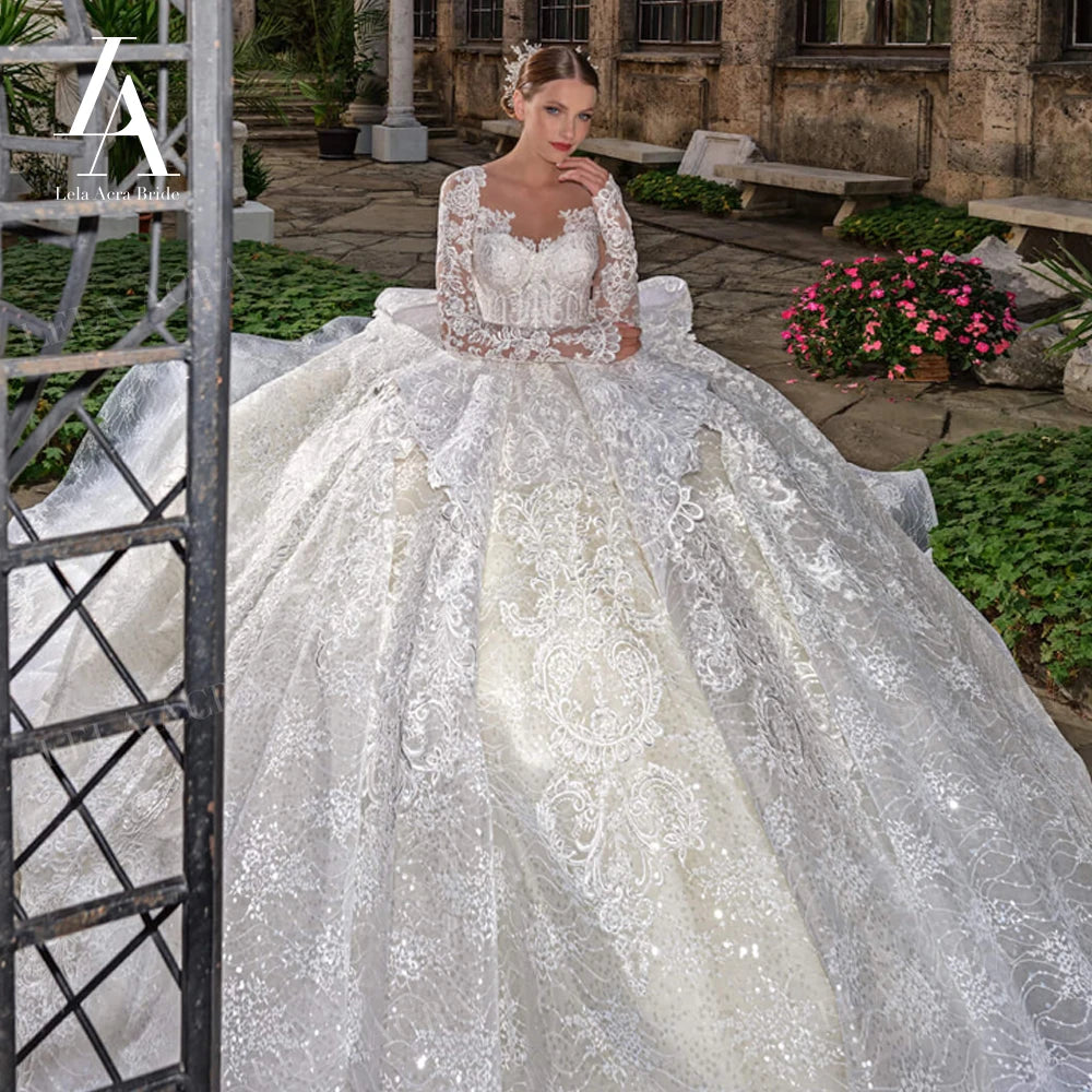 LelaAcra Long Sleeve Ball Gown Wedding Dress 2026 Appliques Sweetheart Backless Princess Bride JK60 customized Vestido de Noiva