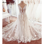 ZapDress Lace Wedding Dresses V Neck Appliqued Bridal Gowns Vestido de novia Court Train Boho Wedding Gowns Customized